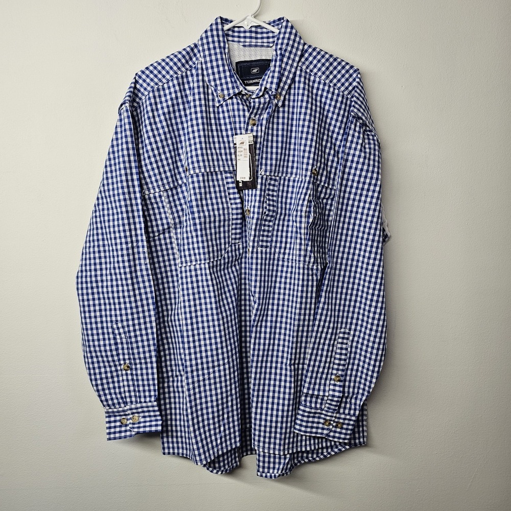 TurnRows‎ Mens Large Button Up Blue White Check Vented Pockets NWT Long Sleeve